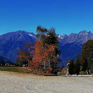 Herbstliche Landschaft mit bunten Bäumen und Bergen im Hintergrund unter einem blauen Himmel.